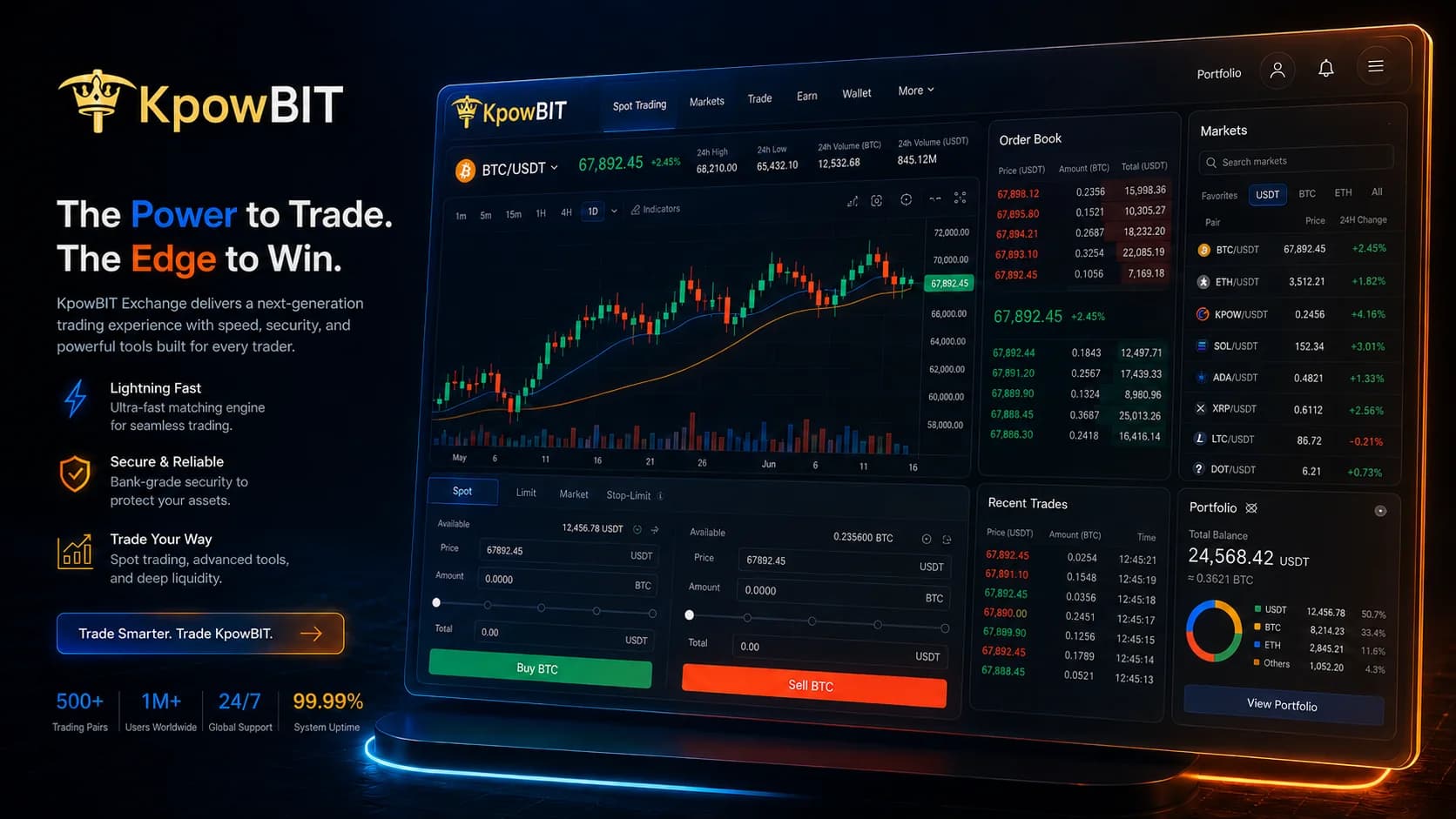 Concept illustration showing planned KpowBIT trading interface and product feature areas