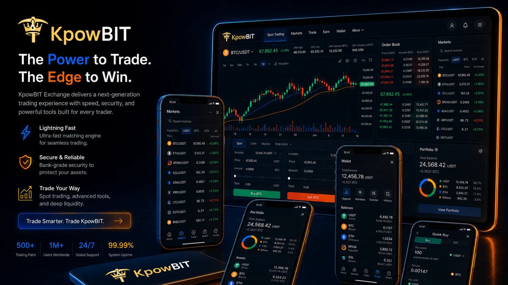 Concept illustration of KpowBIT Exchange across desktop and mobile devices